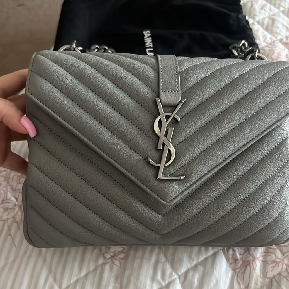 NWT Yves Saint Laurent Gray Medium Chevron College Shoulder Bag